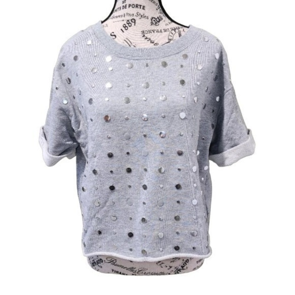 Michael Kors Gray Silver Mirror Dot Embellished Short Sleeve Sweatshirt Size M